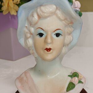 Vintage Mid-Century Lady Head Vase with Flowered Hat and Dress.  - Circa 1950's